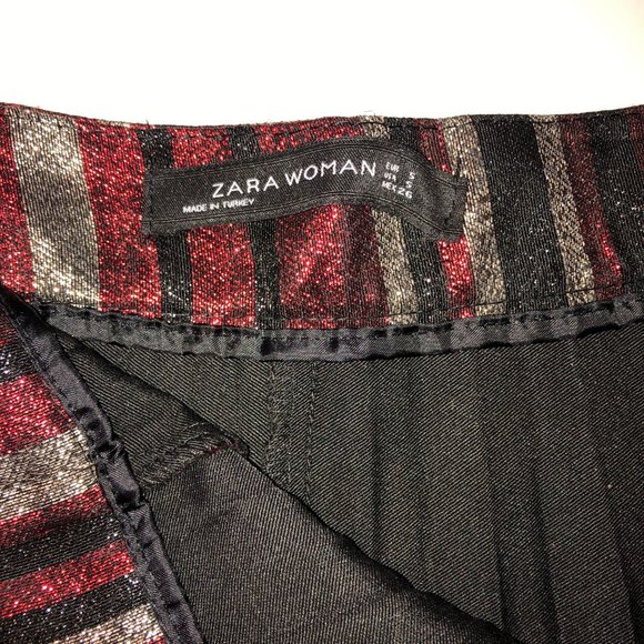 Sz S ZARA Red Black & Gold Metallic Accordian Pleated Striped Lurex Midi Skirt - Picture 14 of 16